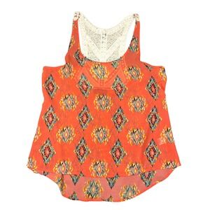 Annabella Tank Top Women's M‎ Orange Geometric Print Lace Back Bohemian Sheer